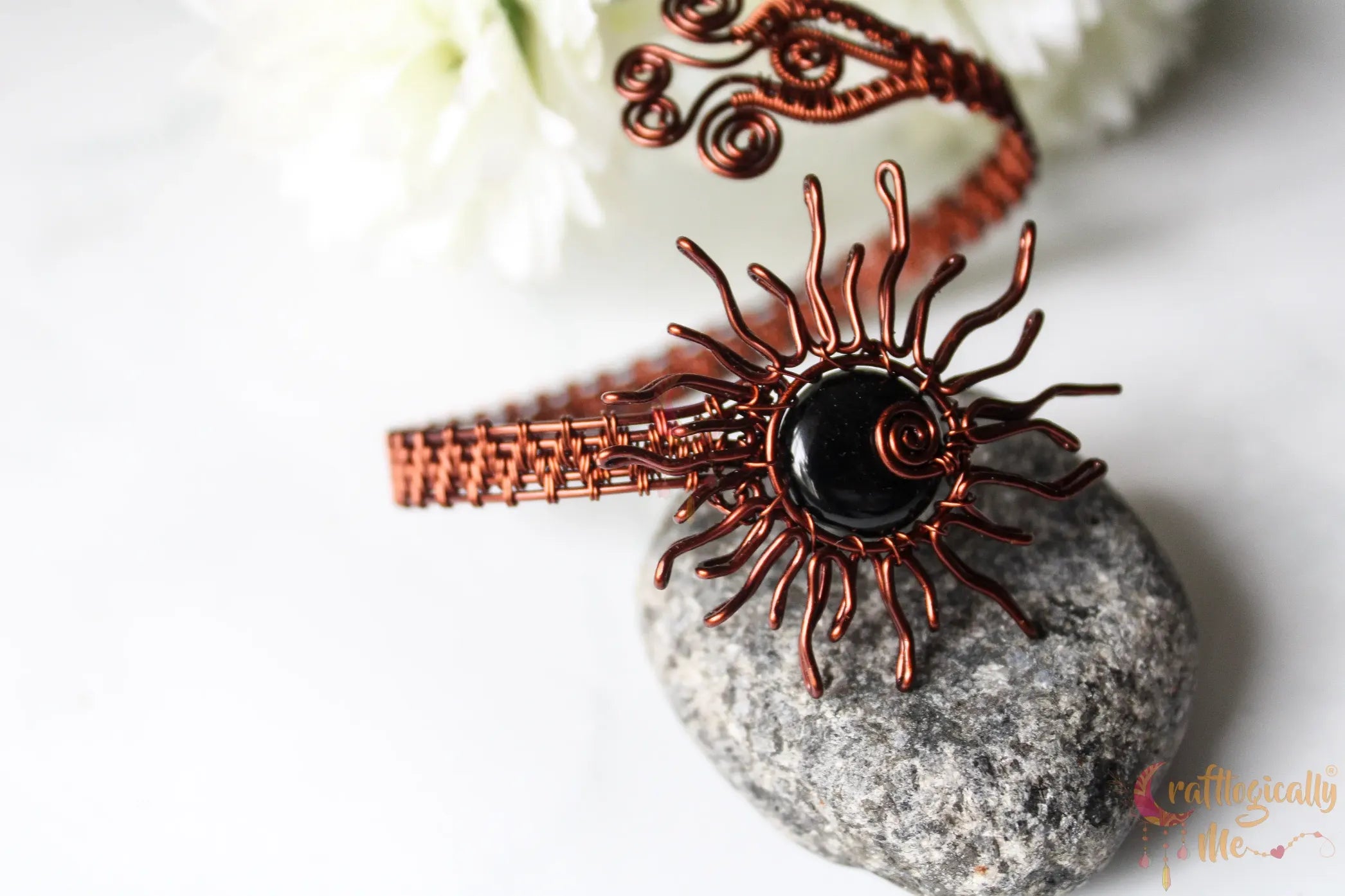 Black Onyx Sun Woven Bracelet Cuff – Handmade Wire Jewelry