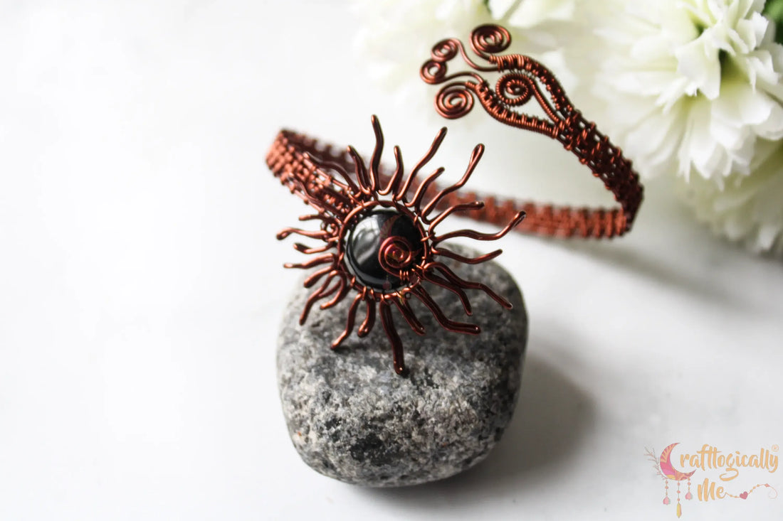 Black Onyx Sun Woven Bracelet Cuff – Handmade Wire Jewelry