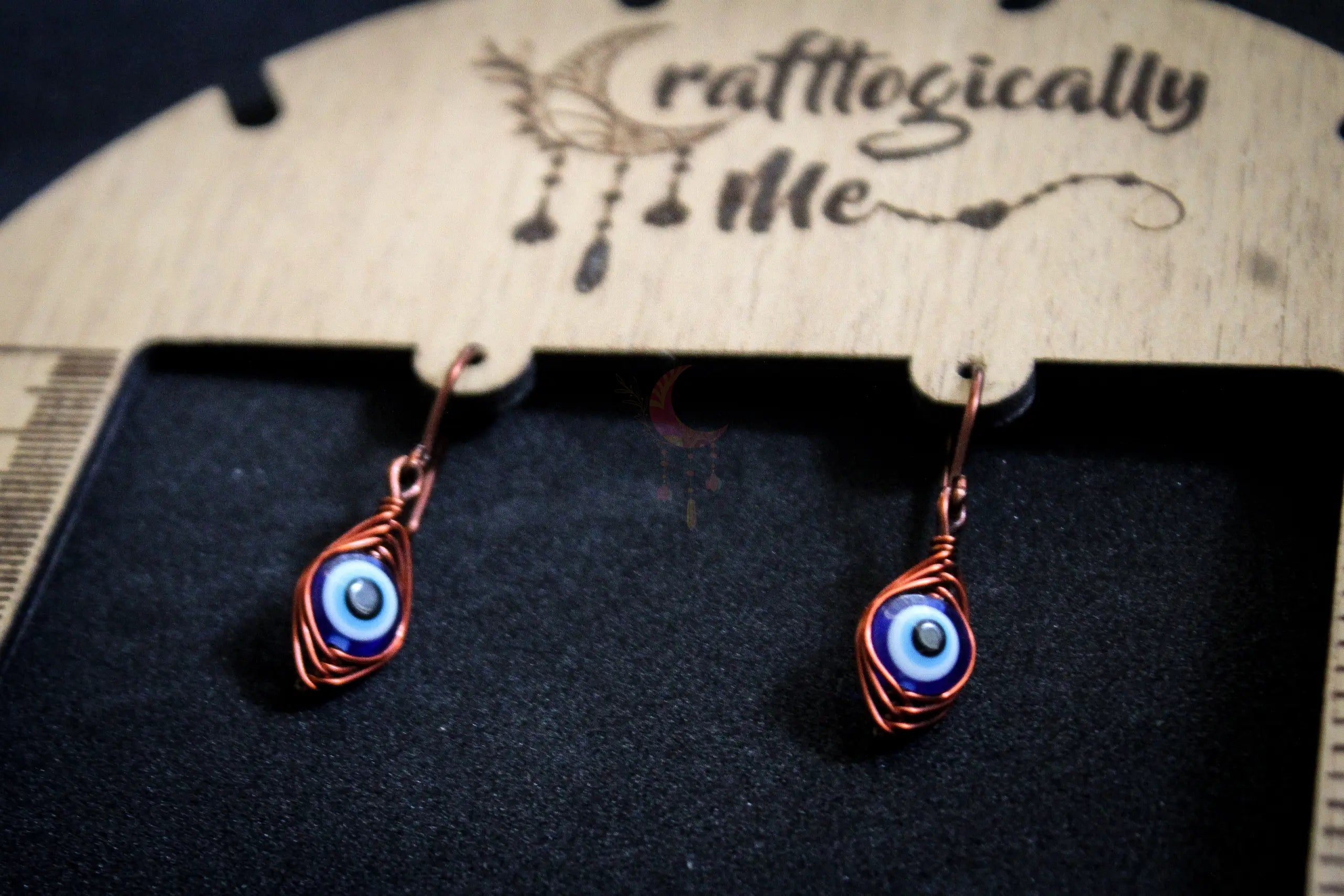 Evil Eye Double Herringbone Earrings – Handmade Wire Wrapped Dangle Jewelry