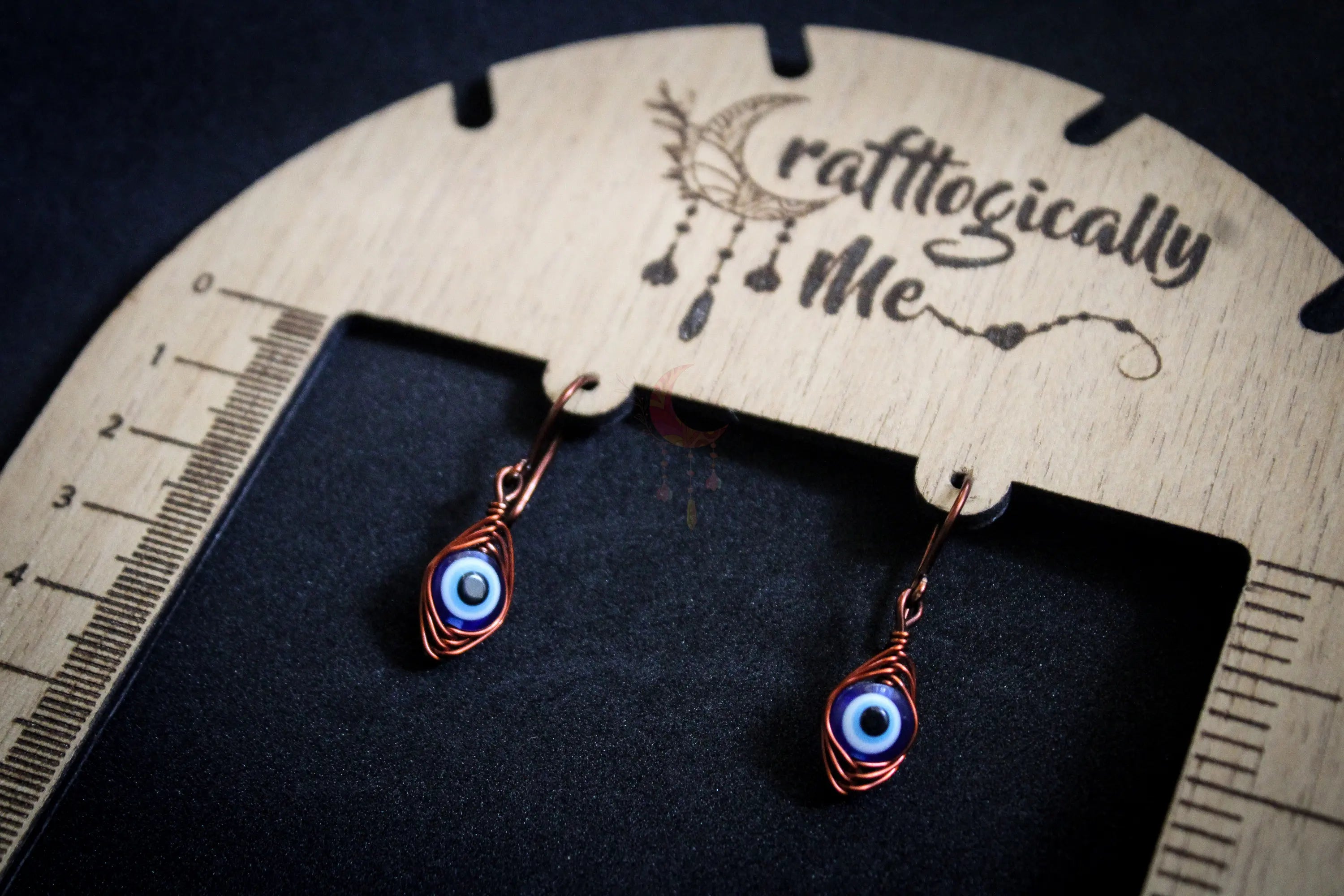 Evil Eye Double Herringbone Earrings – Handmade Wire Wrapped Dangle Jewelry