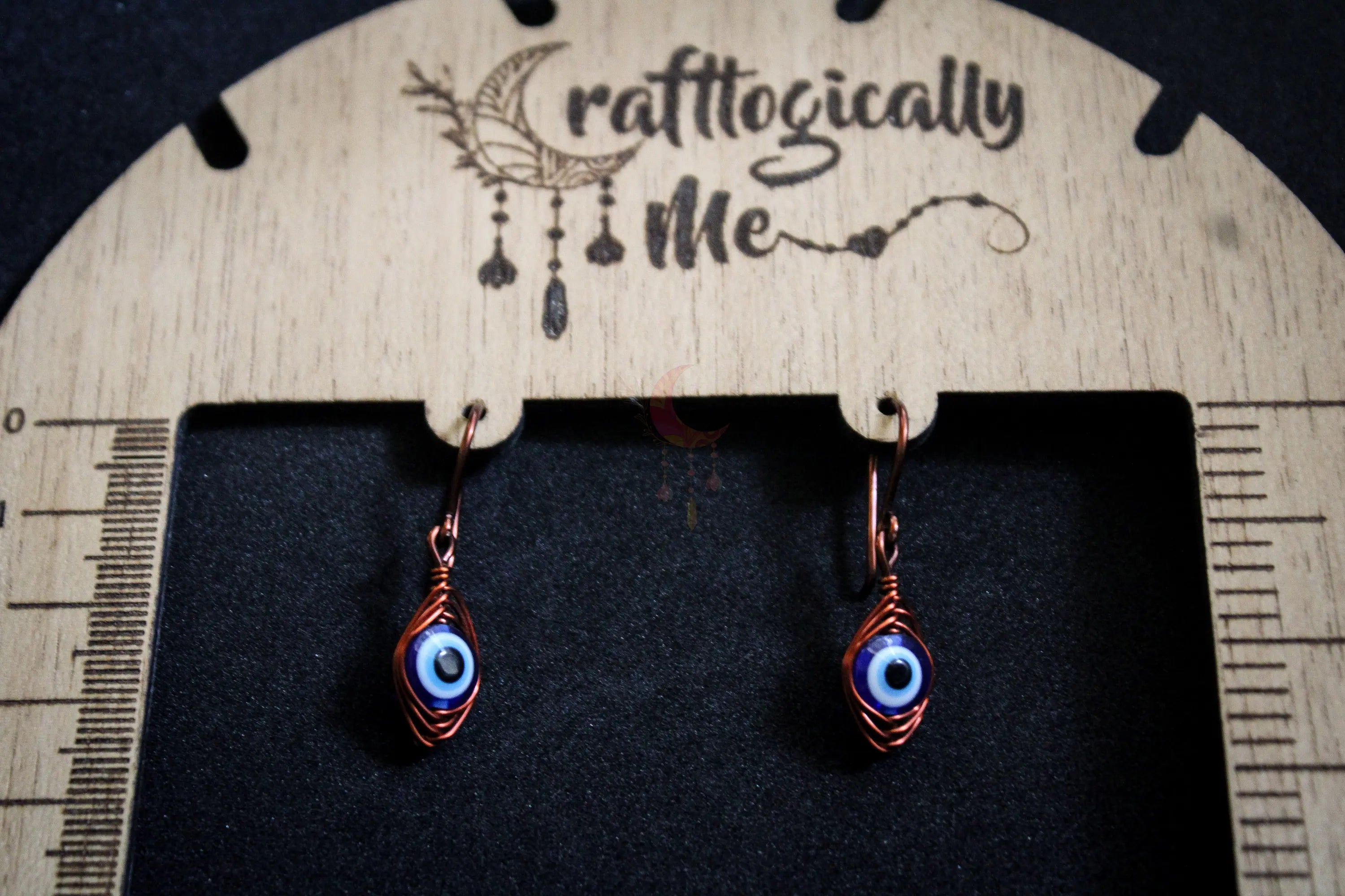 Evil Eye Double Herringbone Earrings – Handmade Wire Wrapped Dangle Jewelry