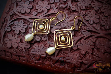 Square Spiral Earrings with Pearl Drops – Handmade Wire Wrapped Geometric Jewelry