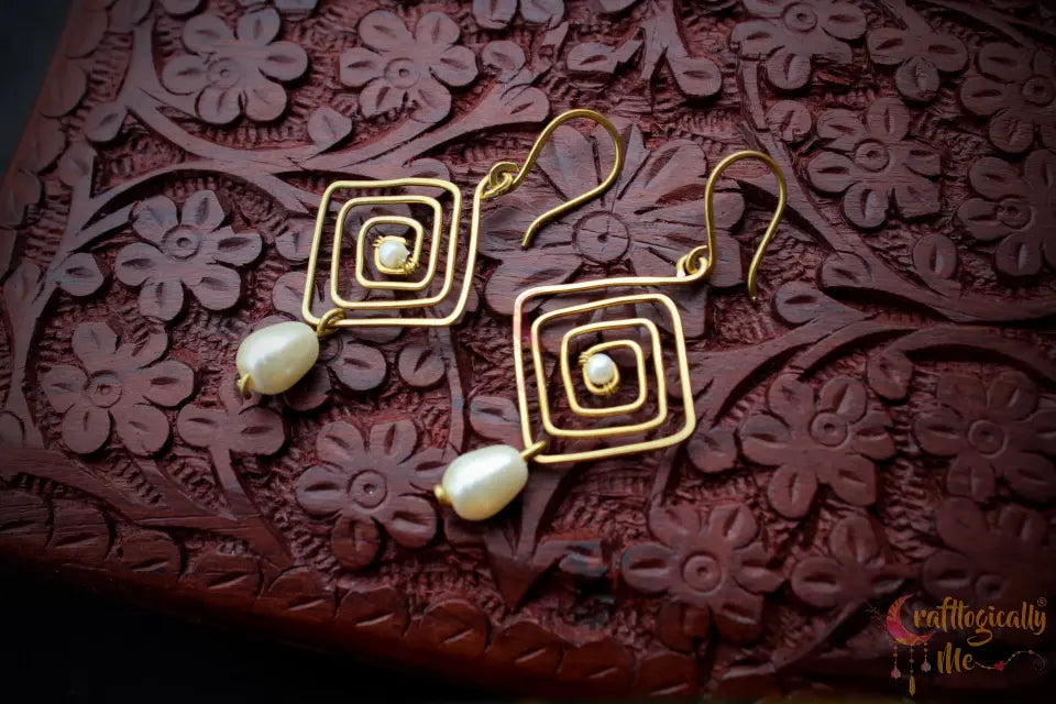 Square Spiral Earrings with Pearl Drops – Handmade Wire Wrapped Geometric Jewelry