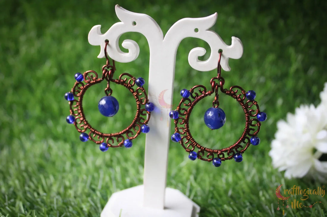 Wire Hoop with Bead Drop Earrings - Handmade Dangle Jewelry
