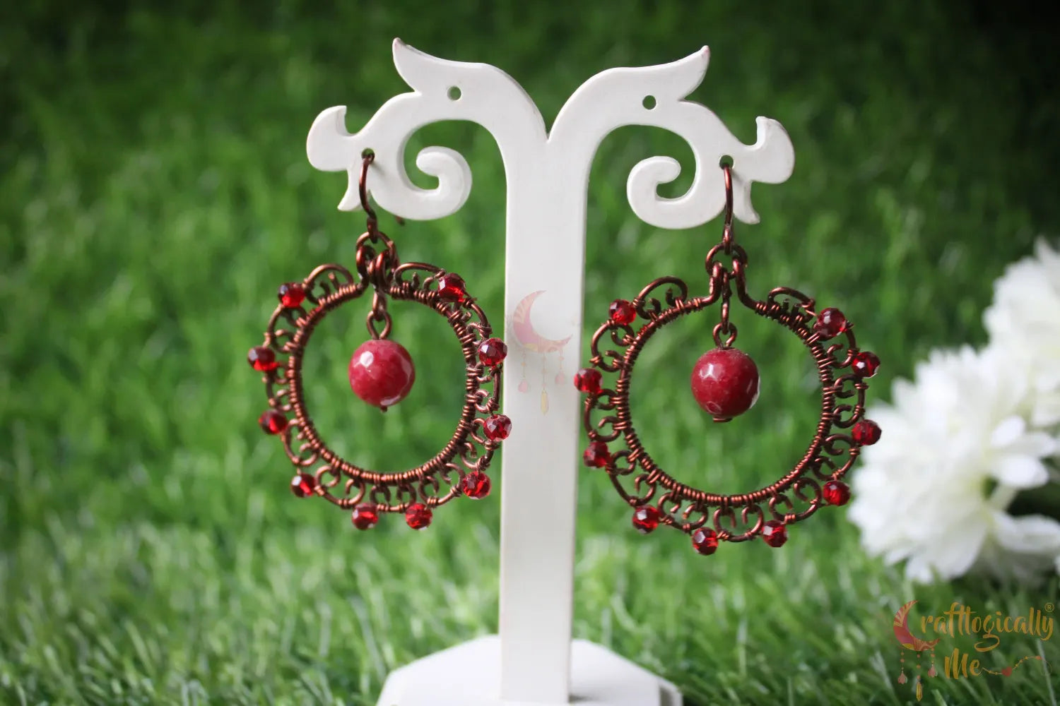 Wire Hoop with Bead Drop Earrings - Handmade Dangle Jewelry