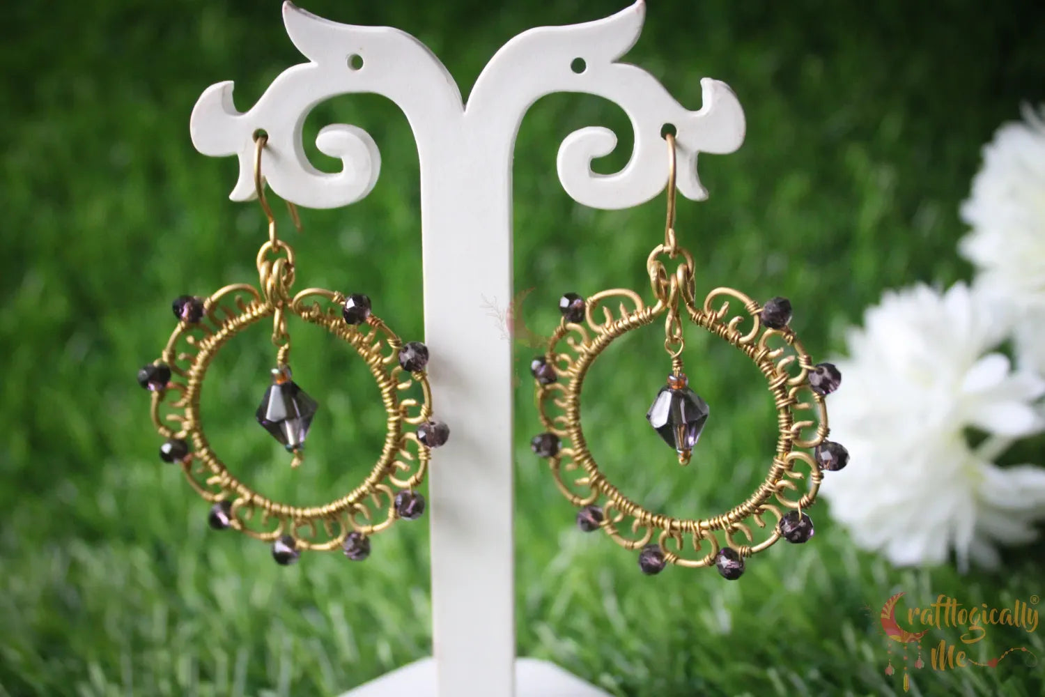 Wire Hoop with Bead Drop Earrings - Handmade Dangle Jewelry