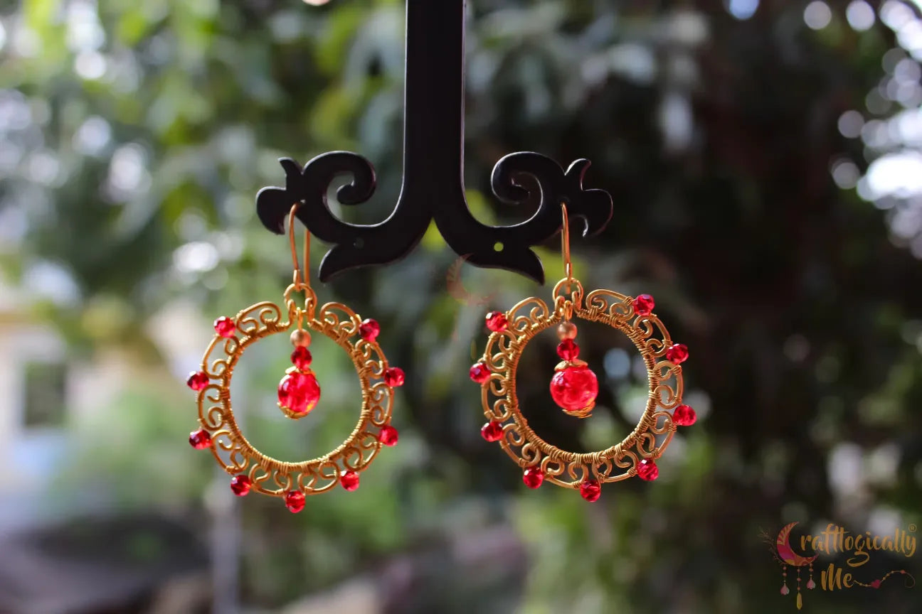 Wire Hoop with Bead Drop Earrings - Handmade Dangle Jewelry