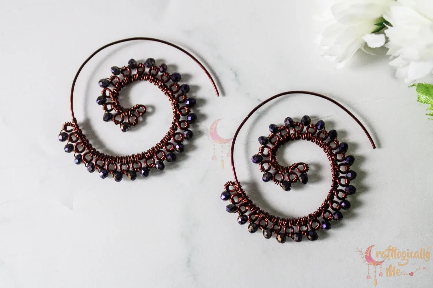 Long Swirly Crystal Bead Earrings - Handmade Wire & Crystal Jewelry