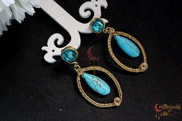 Oval Woven Frame Earrings with Turquoise Bead - Handmade Wire Jewelry
