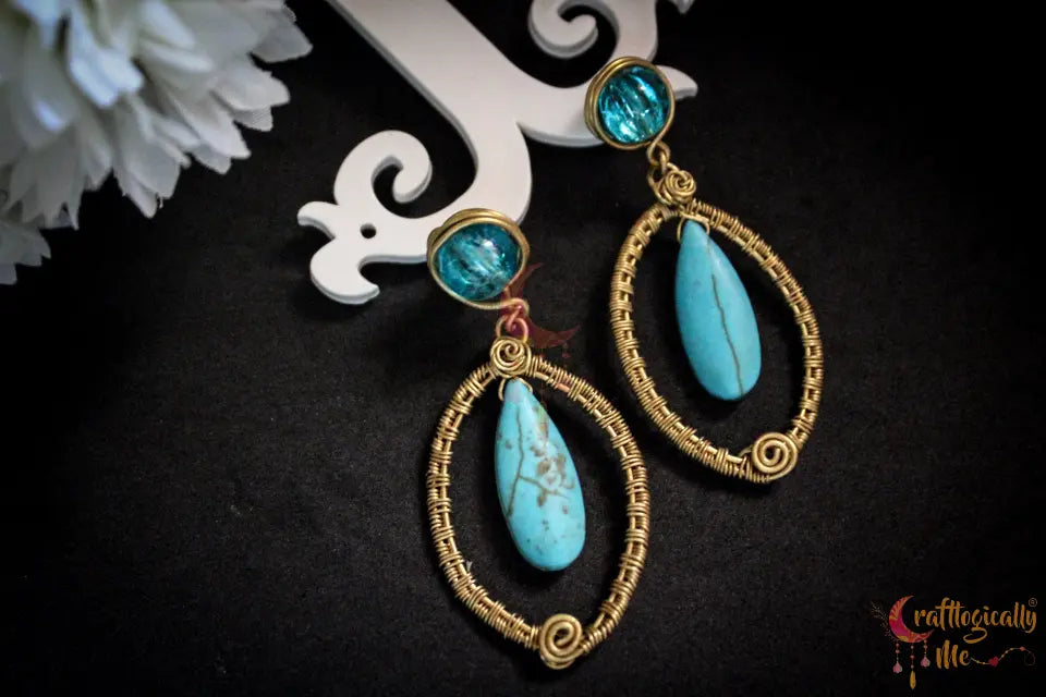 Oval Woven Frame Earrings with Turquoise Bead - Handmade Wire Jewelry