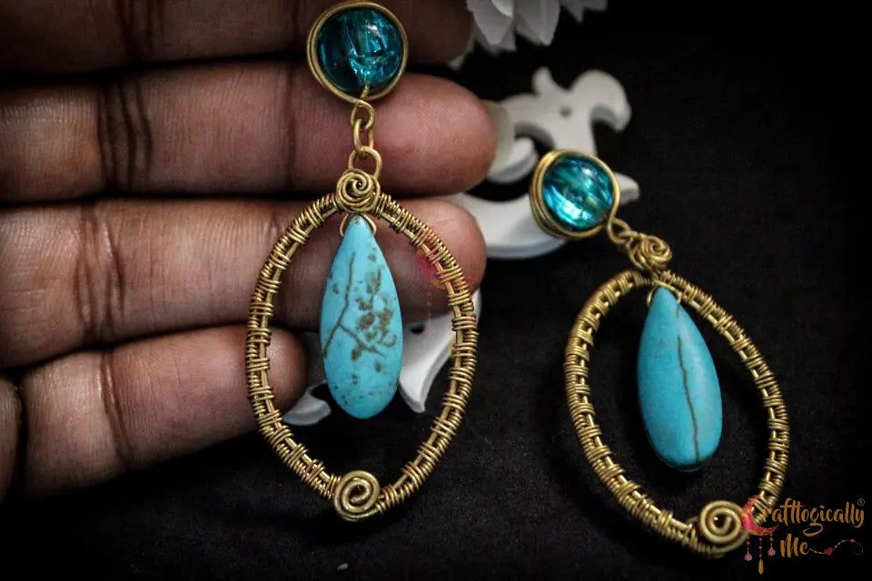 Oval Woven Frame Earrings with Turquoise Bead - Handmade Wire Jewelry