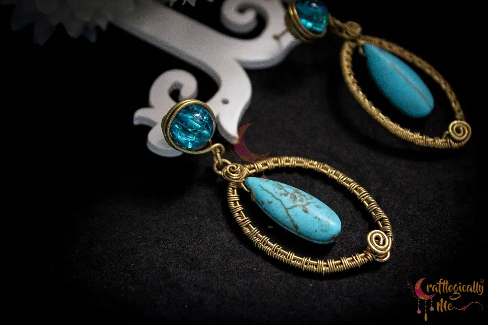 Oval Woven Frame Earrings with Turquoise Bead - Handmade Wire Jewelry