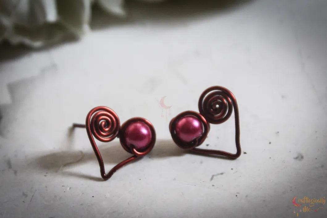 Heart Pearl Swirly Stud - Handmade Wire & Pearl Earrings