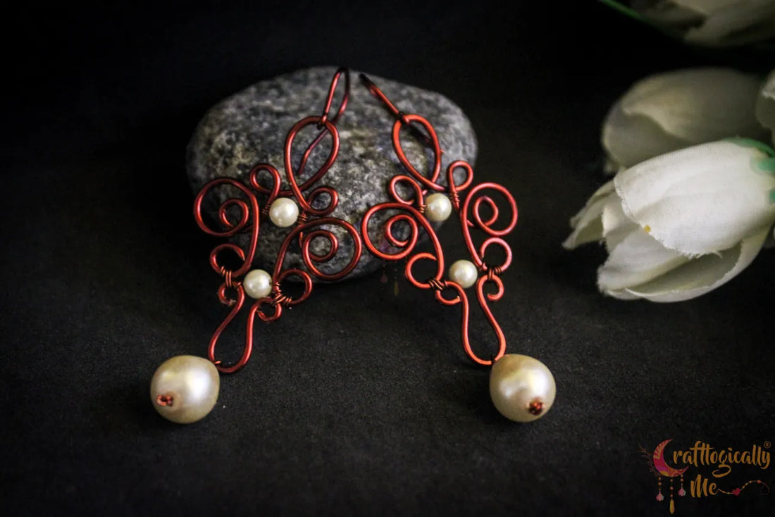 Pearl Boho Filigree Long Danglers - Handmade Wire & Pearl Jewelry