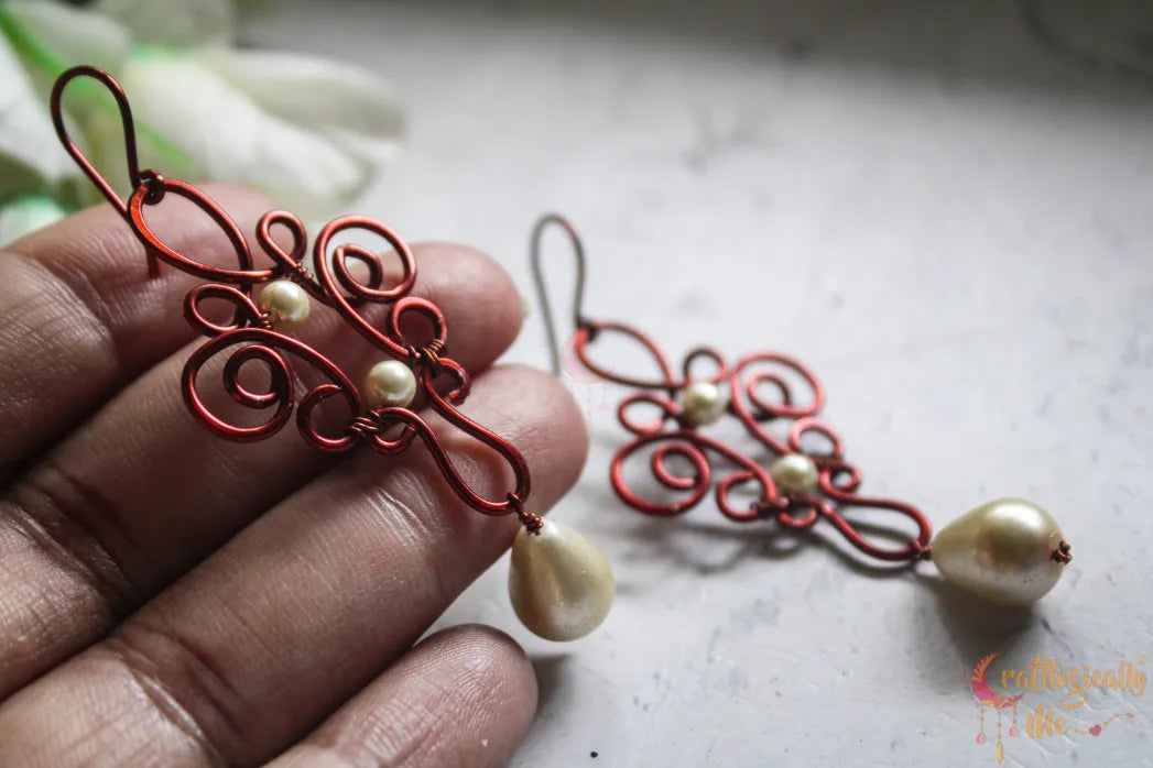 Pearl Boho Filigree Long Danglers - Handmade Wire & Pearl Jewelry