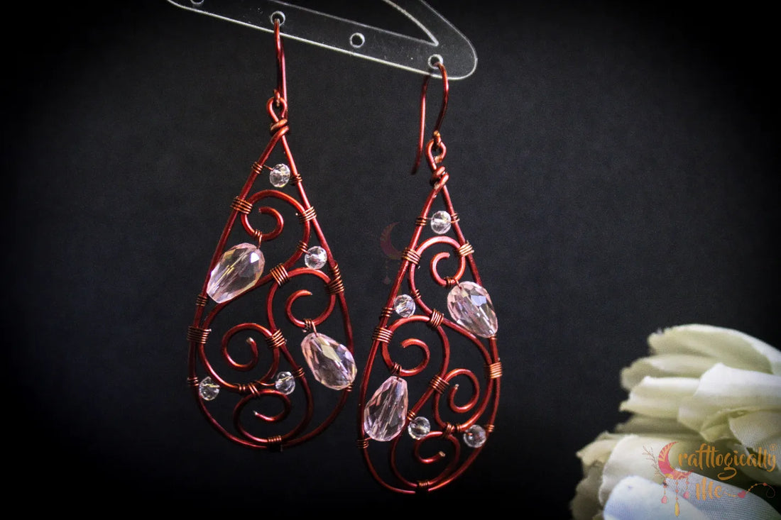 Crystal Drop Boho Filigree Long Danglers - Handmade Wire & Crystal Earrings