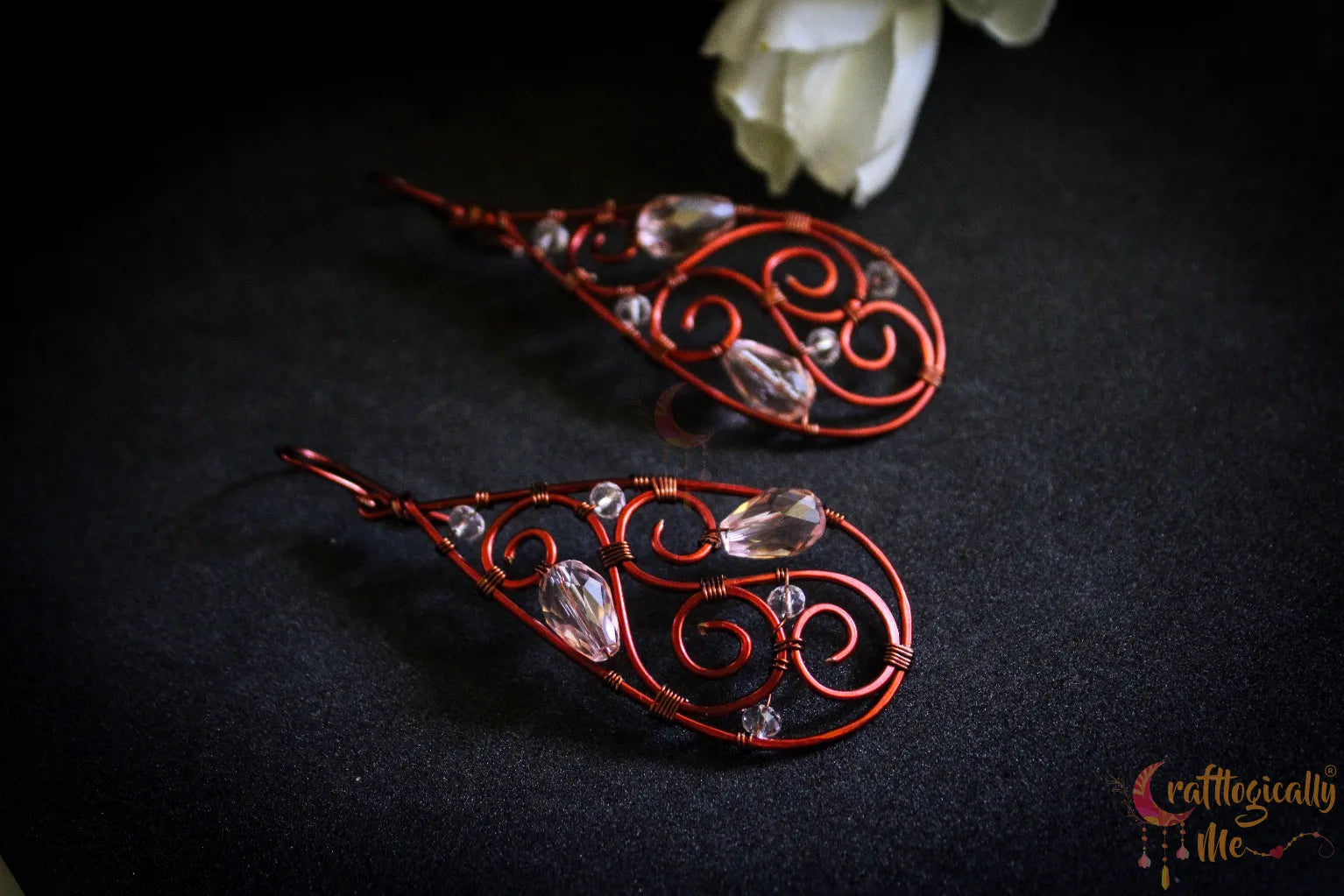 Crystal Drop Boho Filigree Long Danglers - Handmade Wire & Crystal Earrings