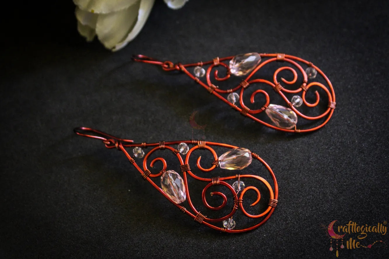 Crystal Drop Boho Filigree Long Danglers - Handmade Wire & Crystal Earrings