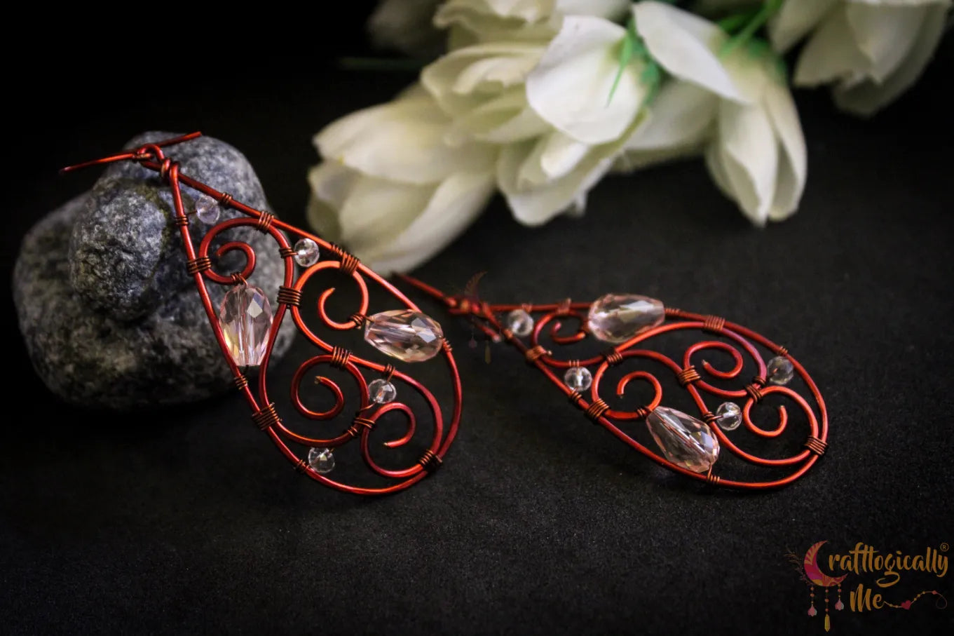 Crystal Drop Boho Filigree Long Danglers - Handmade Wire & Crystal Earrings