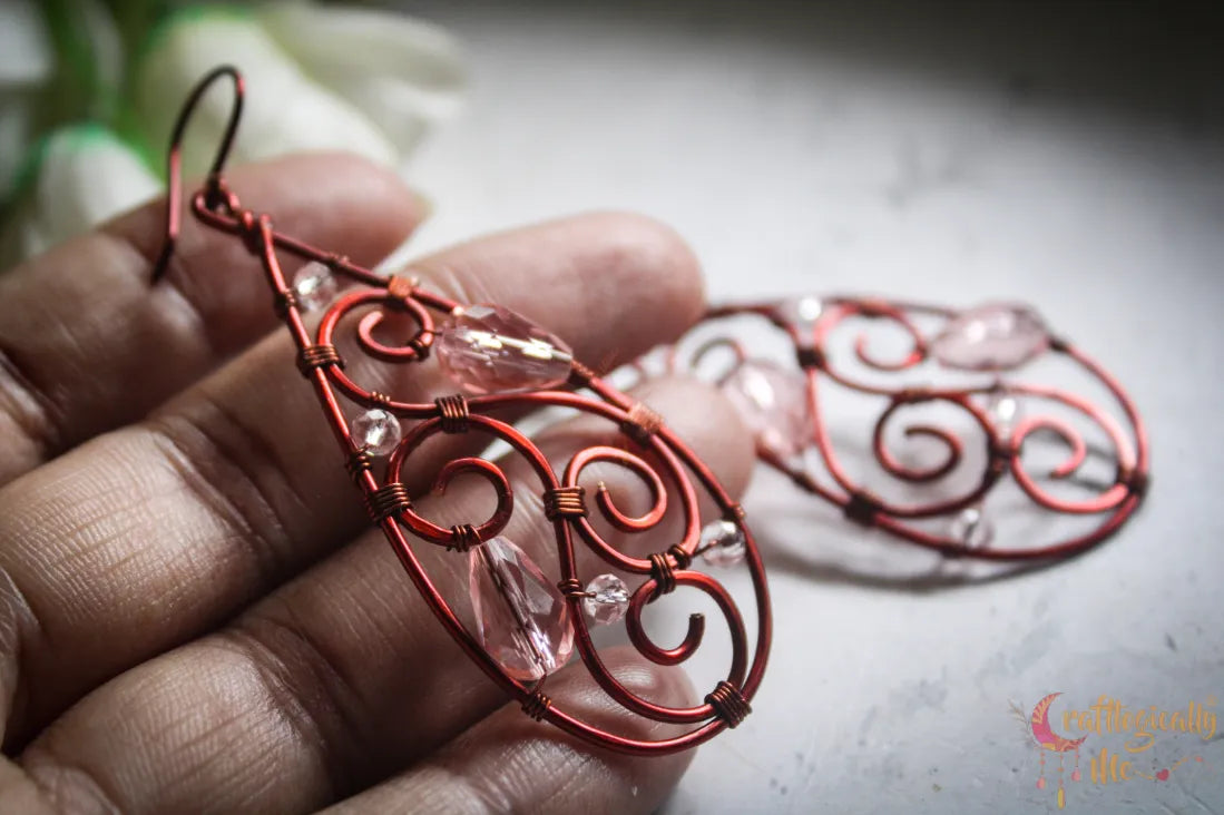 Crystal Drop Boho Filigree Long Danglers - Handmade Wire & Crystal Earrings