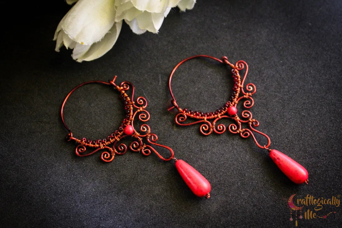 Red Half Moon Chandelier Long Danglers - Handmade Wire & Bead Earrings