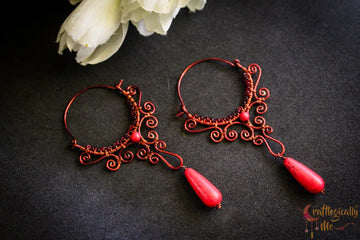 Red Half Moon Chandelier Long Danglers - Handmade Wire & Bead Earrings