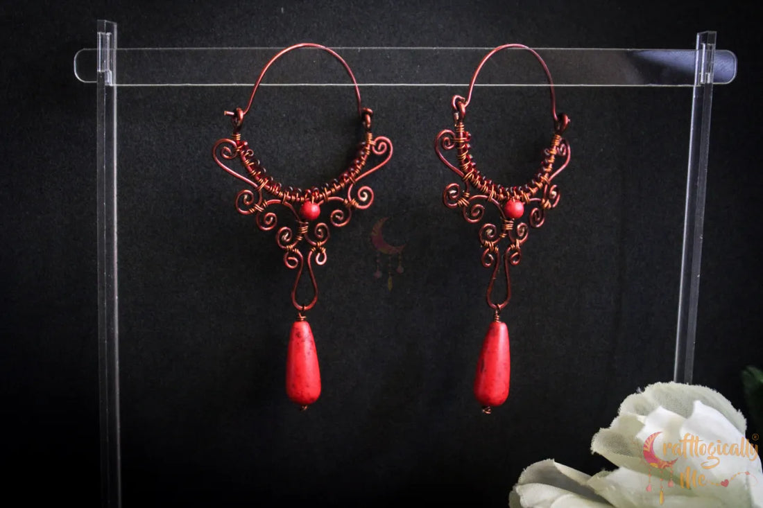 Red Half Moon Chandelier Long Danglers - Handmade Wire & Bead Earrings