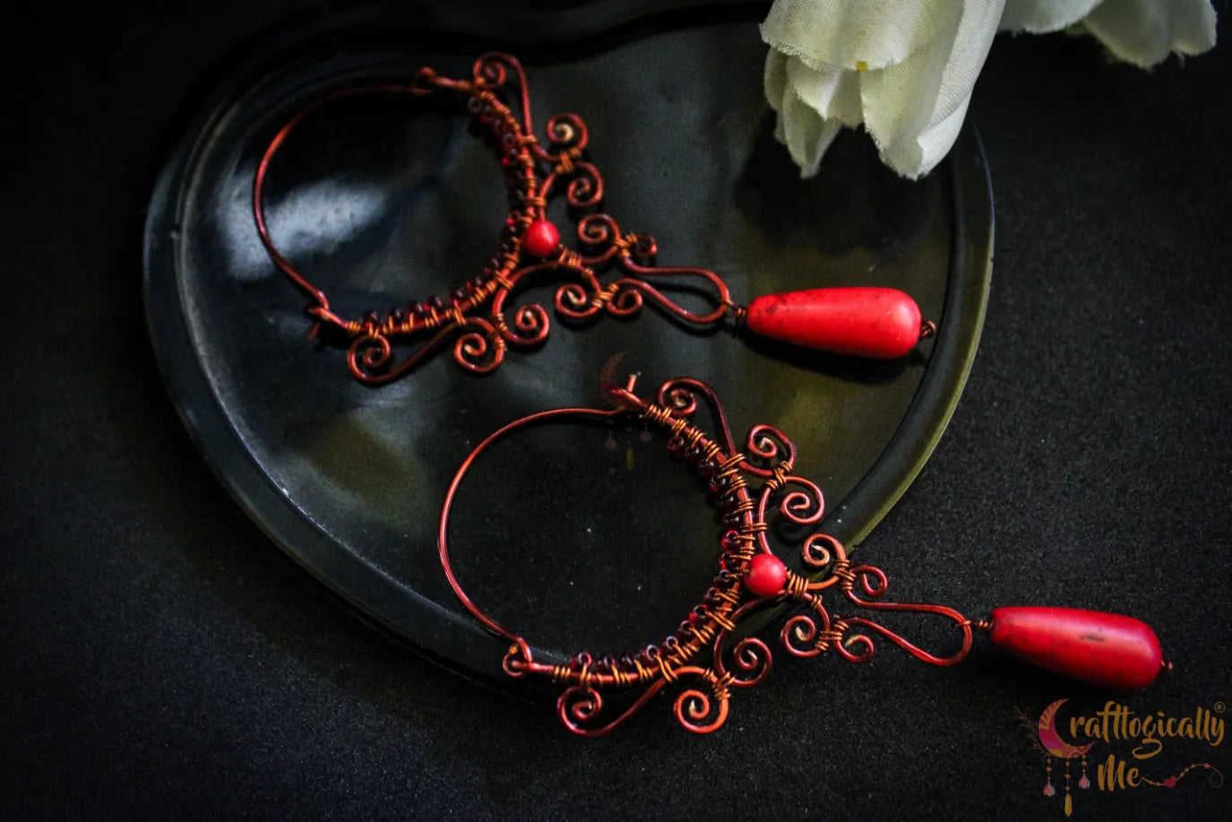Red Half Moon Chandelier Long Danglers - Handmade Wire & Bead Earrings
