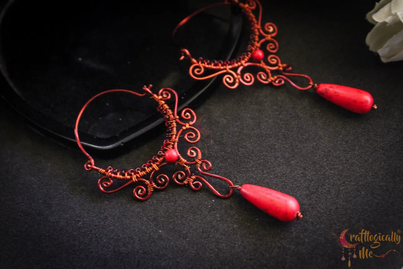 Red Half Moon Chandelier Long Danglers - Handmade Wire & Bead Earrings