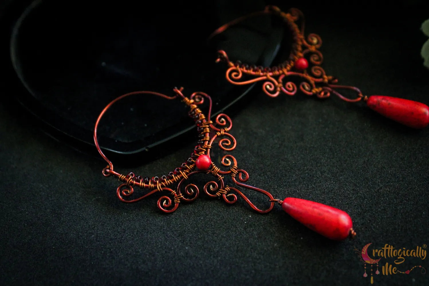 Red Half Moon Chandelier Long Danglers - Handmade Wire & Bead Earrings