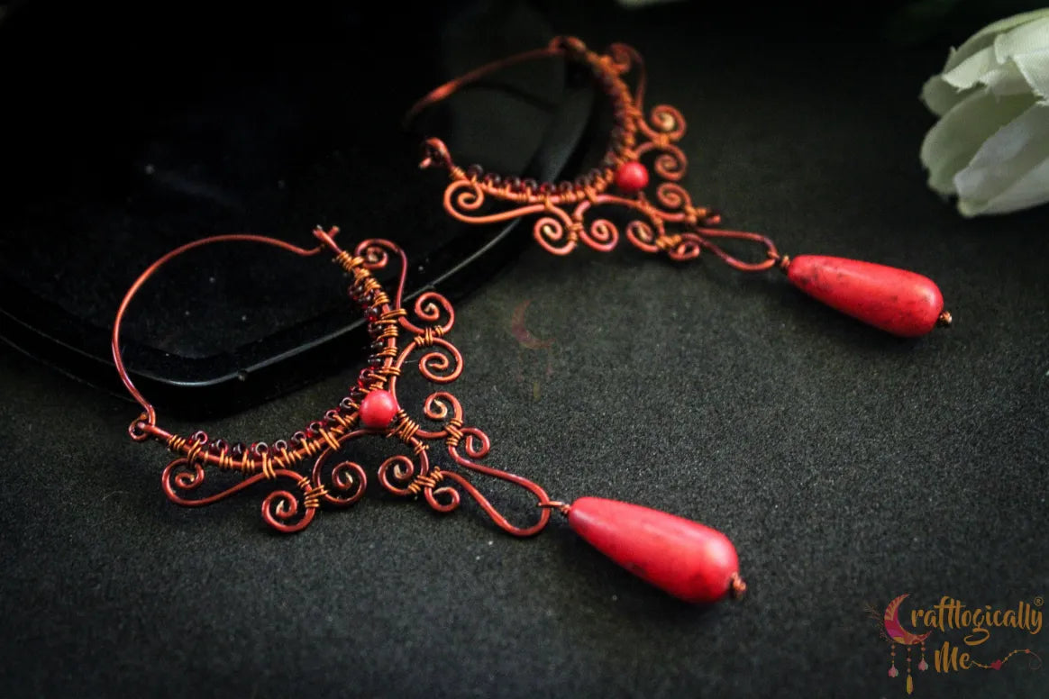 Red Half Moon Chandelier Long Danglers - Handmade Wire & Bead Earrings