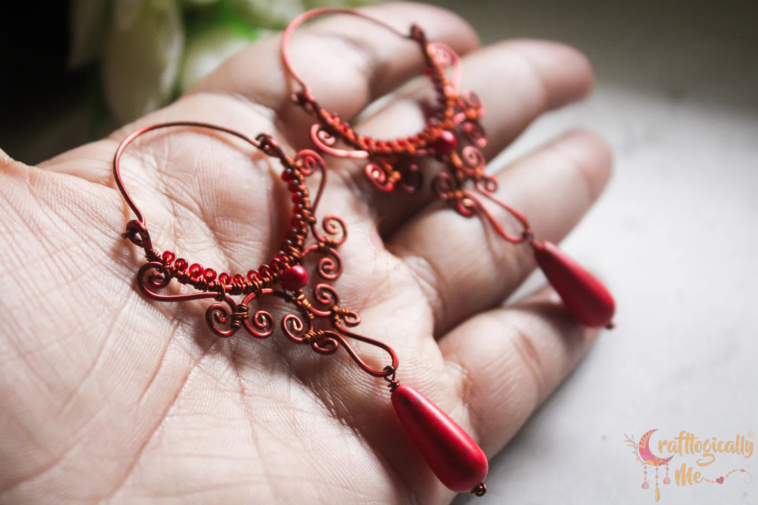 Red Half Moon Chandelier Long Danglers - Handmade Wire & Bead Earrings