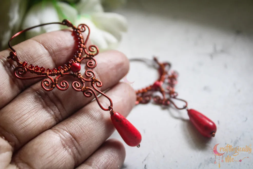 Red Half Moon Chandelier Long Danglers - Handmade Wire & Bead Earrings