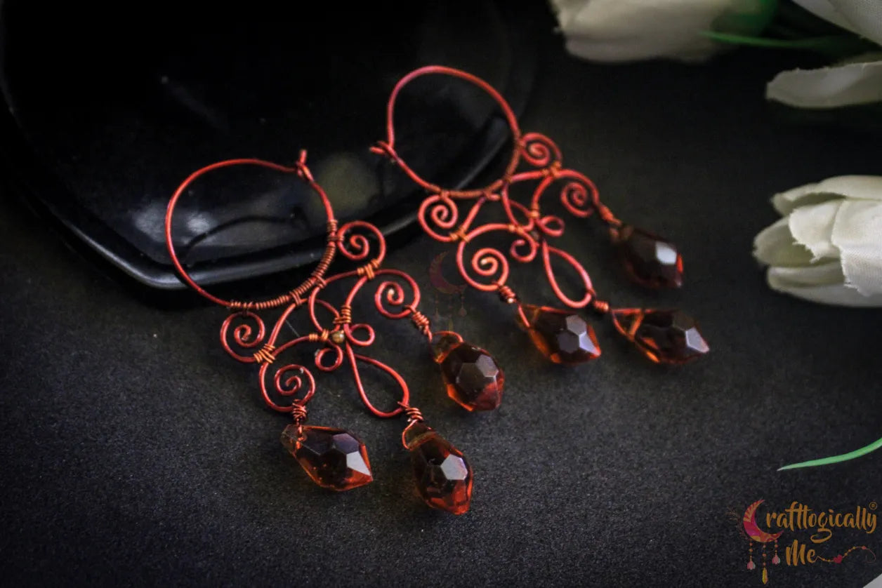 Crystal Filigree Hoop Danglers - Handmade Wire & Crystal Earrings