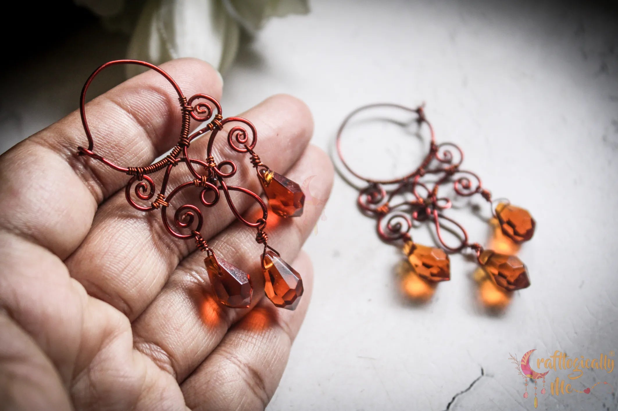 Crystal Filigree Hoop Danglers - Handmade Wire & Crystal Earrings