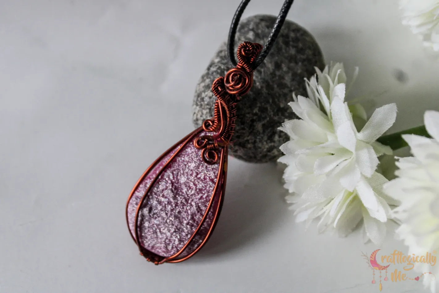 Pink Drop Resin Gemstone Pendant – Handmade Minimalistic Wire Wrap Jewelry