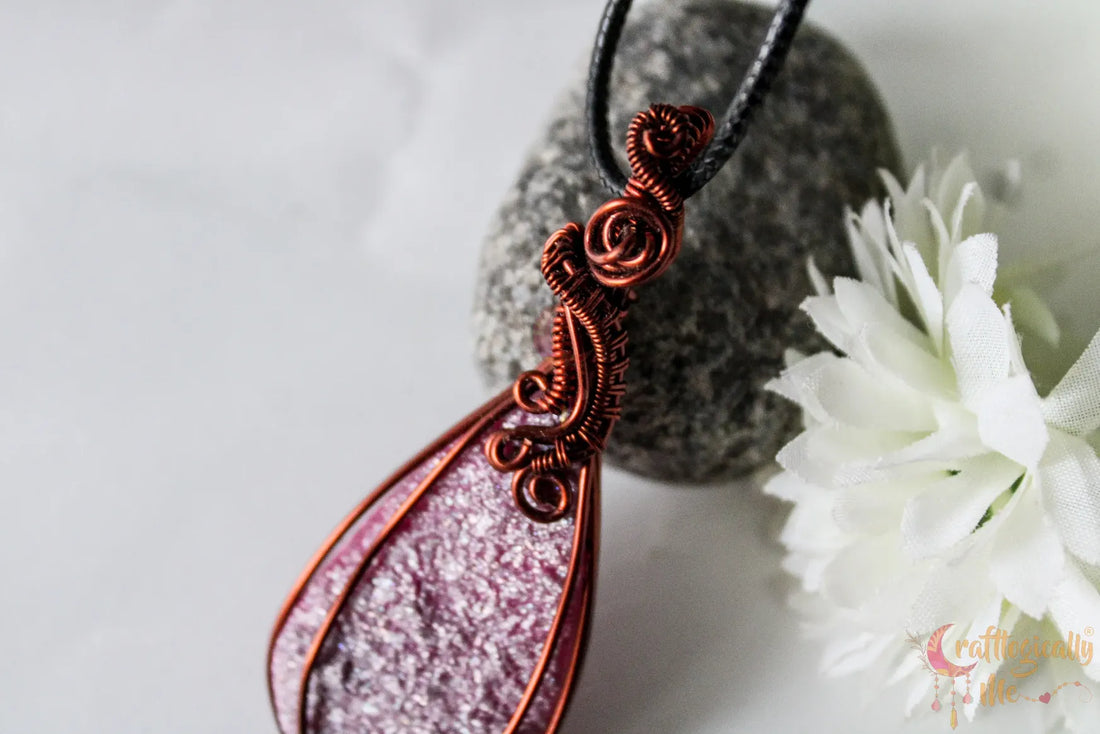Pink Drop Resin Gemstone Pendant – Handmade Minimalistic Wire Wrap Jewelry