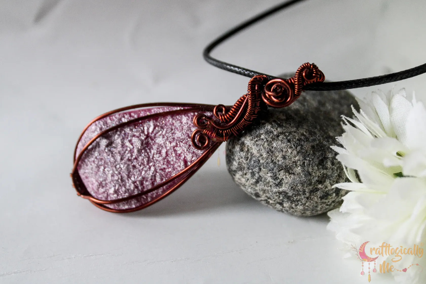 Pink Drop Resin Gemstone Pendant – Handmade Minimalistic Wire Wrap Jewelry