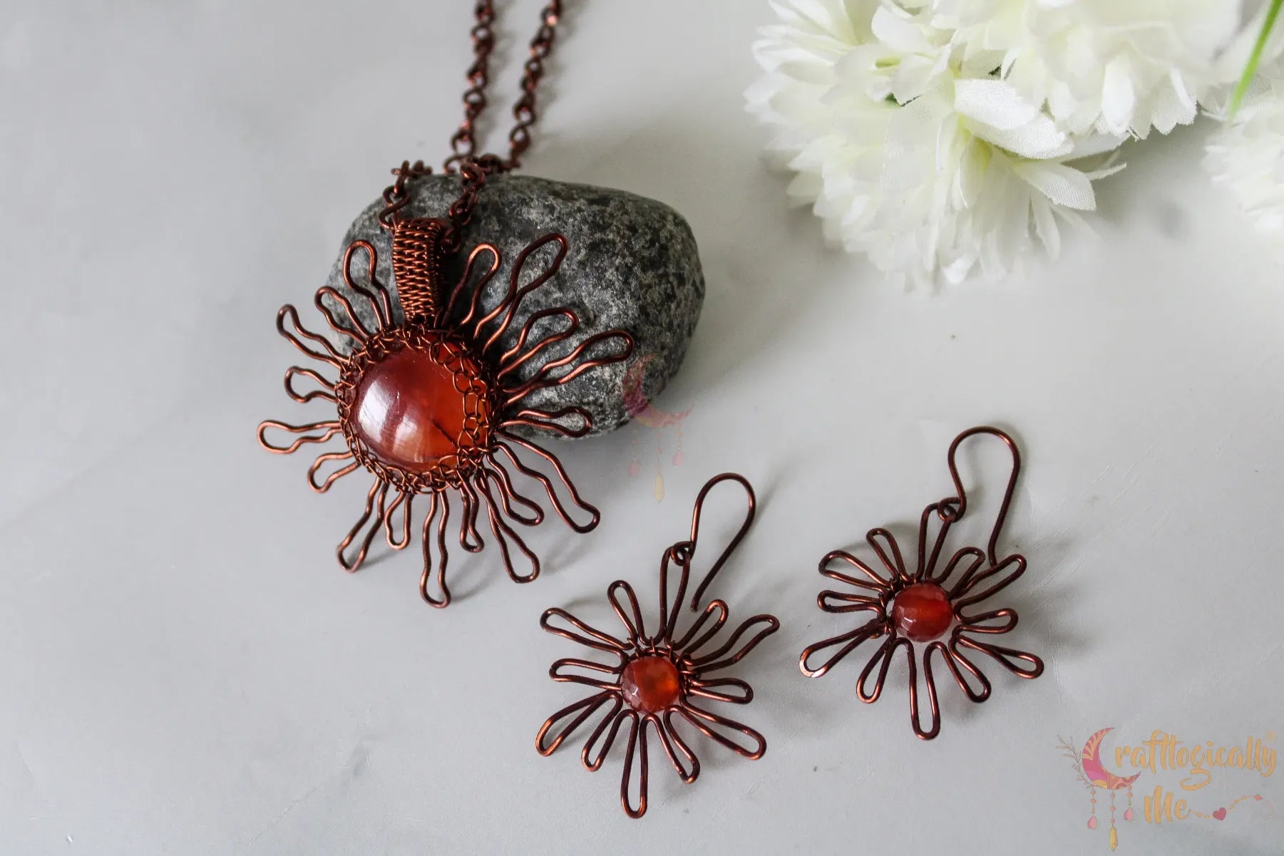 Amber Sun Pendant Set with Earrings – Handmade Wire Wrapped Gemstone Jewelry