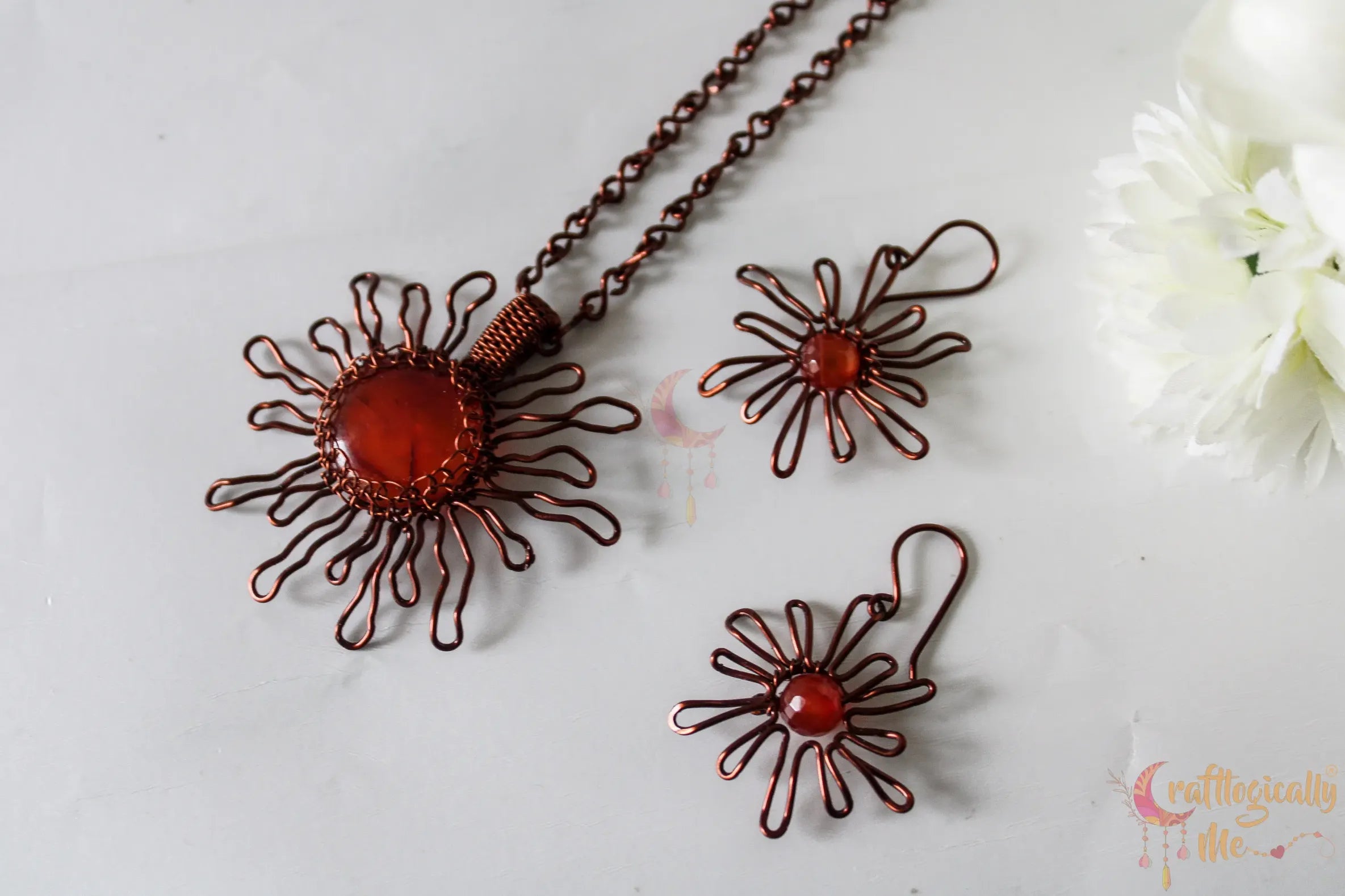 Amber Sun Pendant Set with Earrings – Handmade Wire Wrapped Gemstone Jewelry