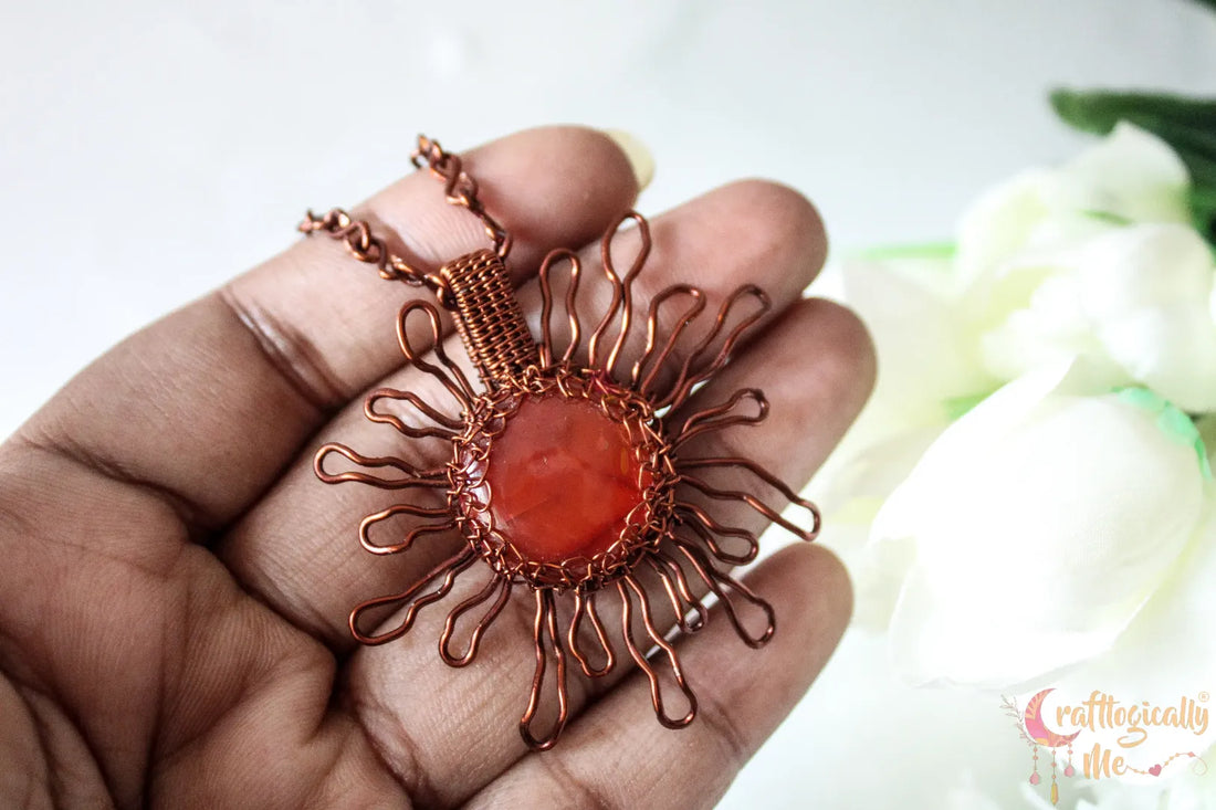 Amber Sun Pendant Set with Earrings – Handmade Wire Wrapped Gemstone Jewelry