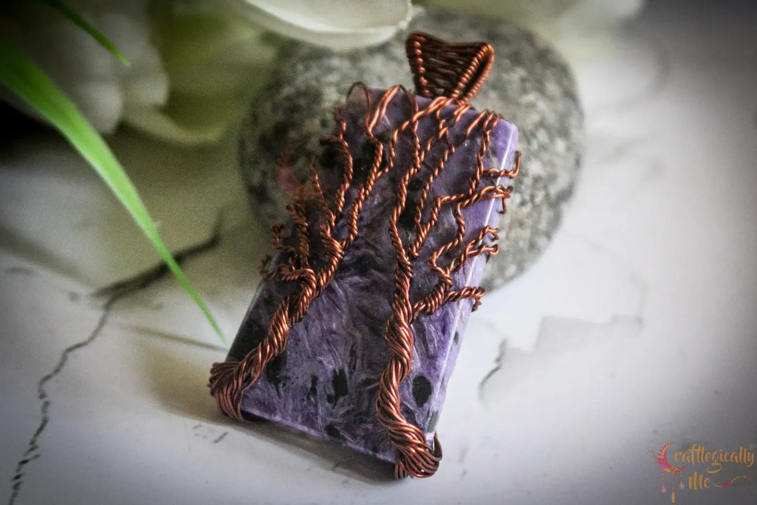 Charoite Gemstone Double Tree Pendant – Handmade Anti-Tarnish Copper Wire Wrapped Jewelry