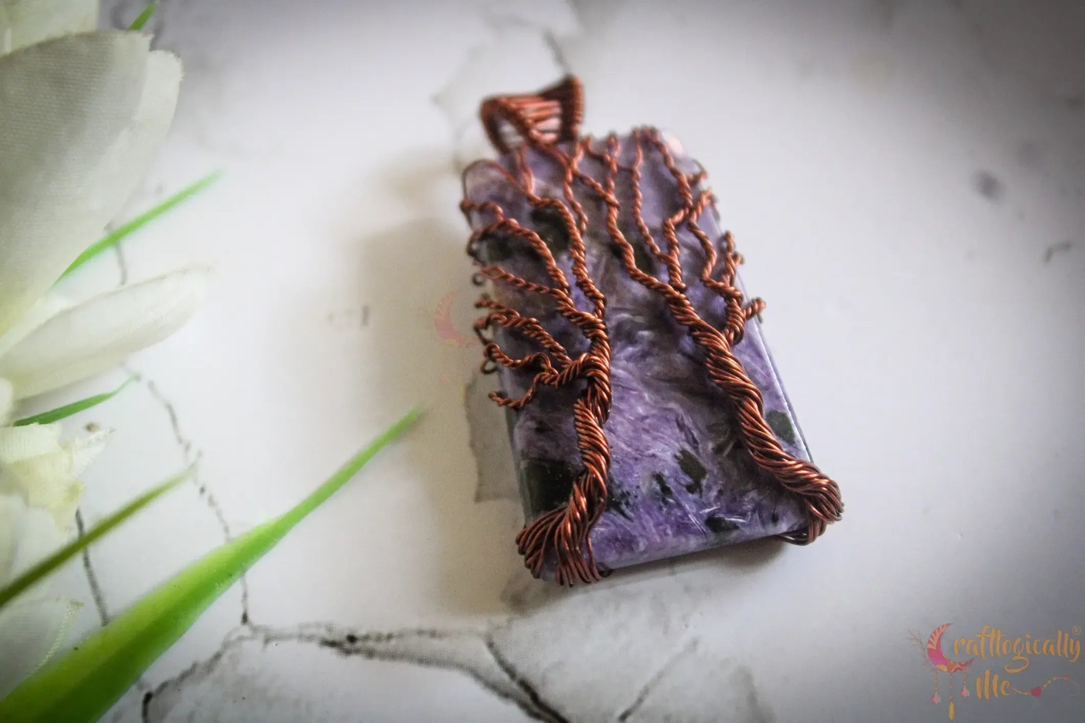 Charoite Gemstone Double Tree Pendant – Handmade Anti-Tarnish Copper Wire Wrapped Jewelry