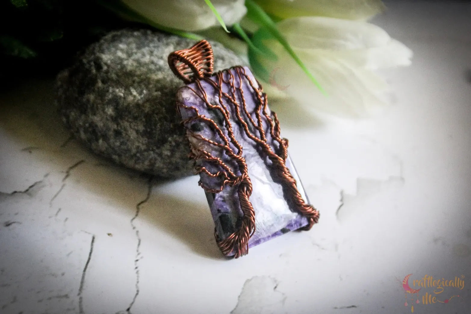Charoite Gemstone Double Tree Pendant – Handmade Anti-Tarnish Copper Wire Wrapped Jewelry