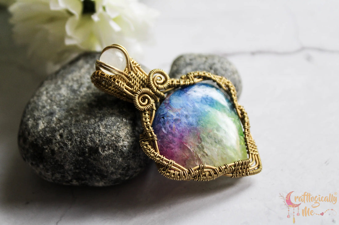 Rainbow Solar Quartz Criss Cross Pendant – Handmade Brass Wire Wrapped Gemstone Jewelry