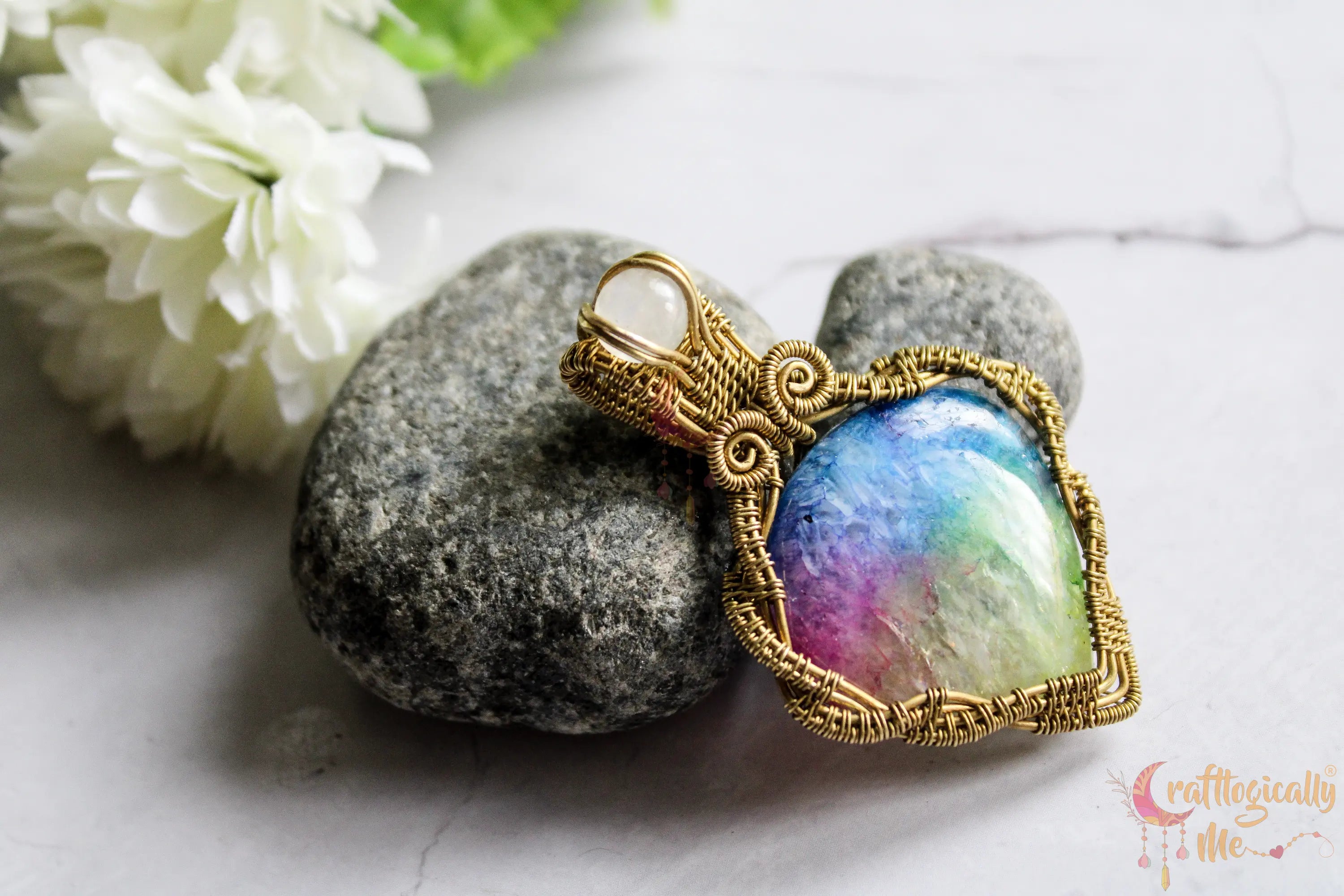 Rainbow Solar Quartz Criss Cross Pendant – Handmade Brass Wire Wrapped Gemstone Jewelry
