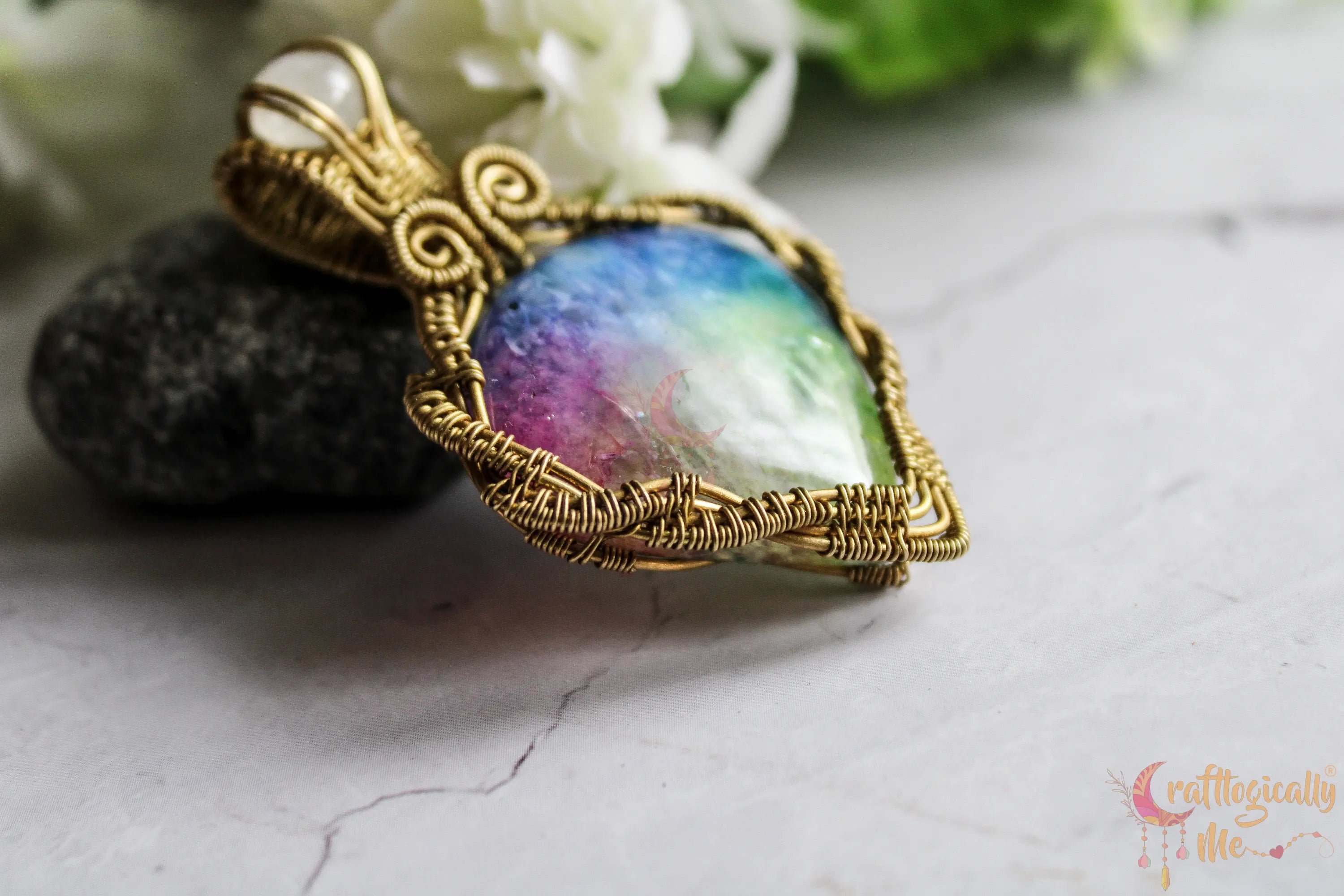 Rainbow Solar Quartz Criss Cross Pendant – Handmade Brass Wire Wrapped Gemstone Jewelry