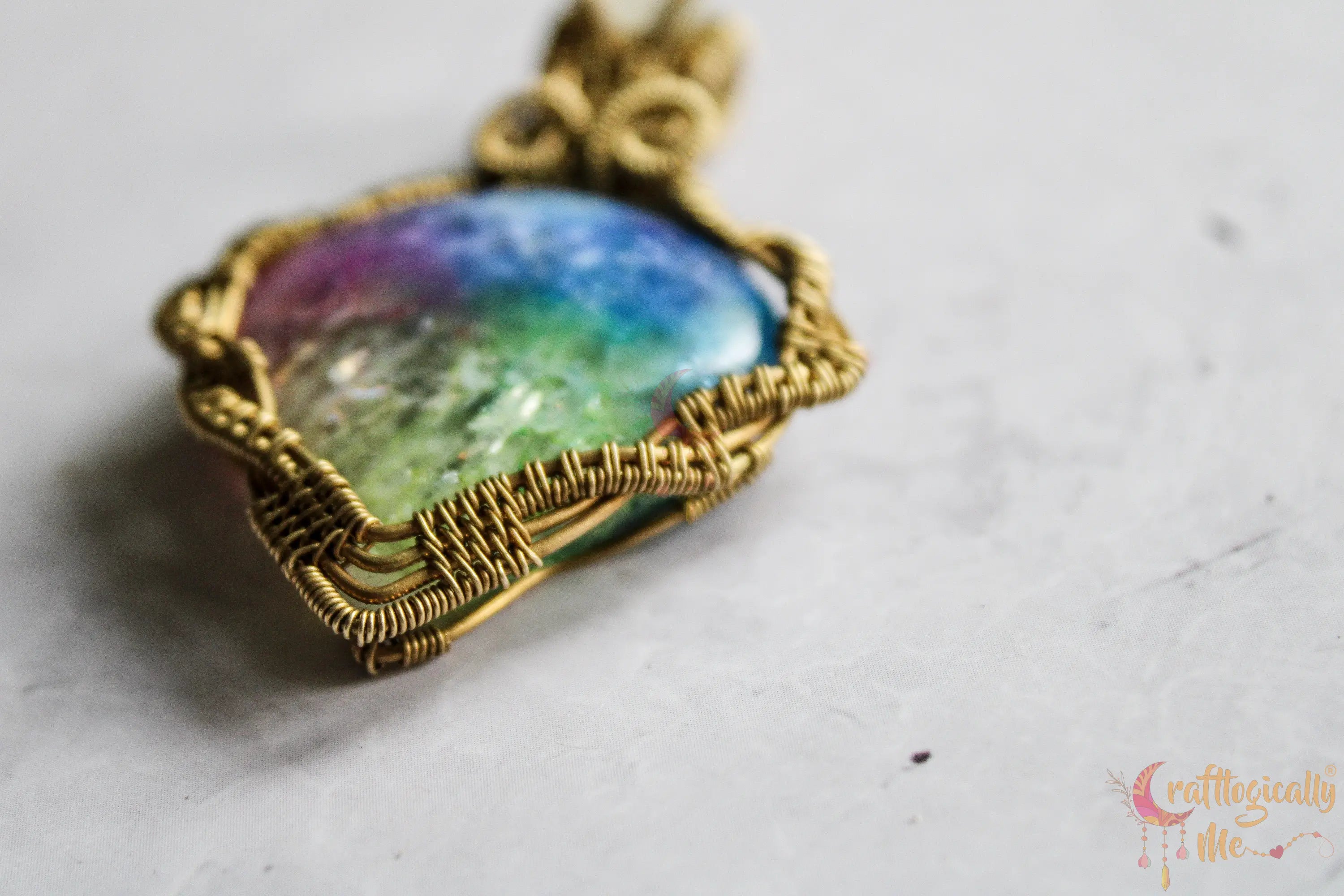 Rainbow Solar Quartz Criss Cross Pendant – Handmade Brass Wire Wrapped Gemstone Jewelry