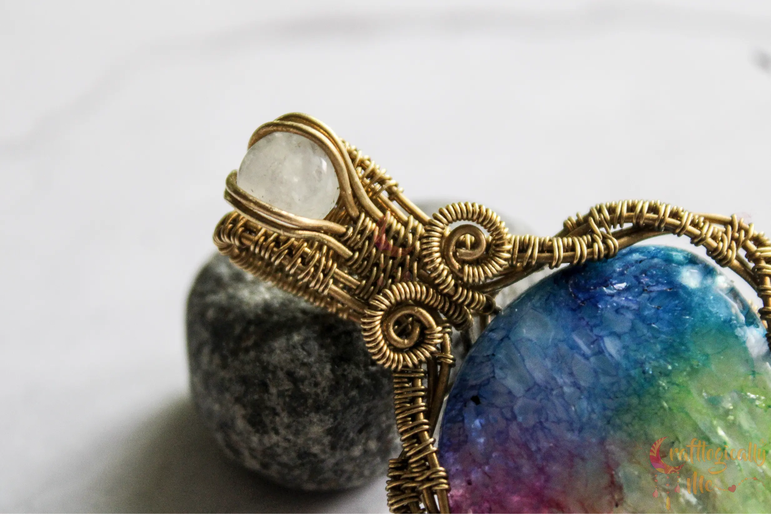 Rainbow Solar Quartz Criss Cross Pendant – Handmade Brass Wire Wrapped Gemstone Jewelry
