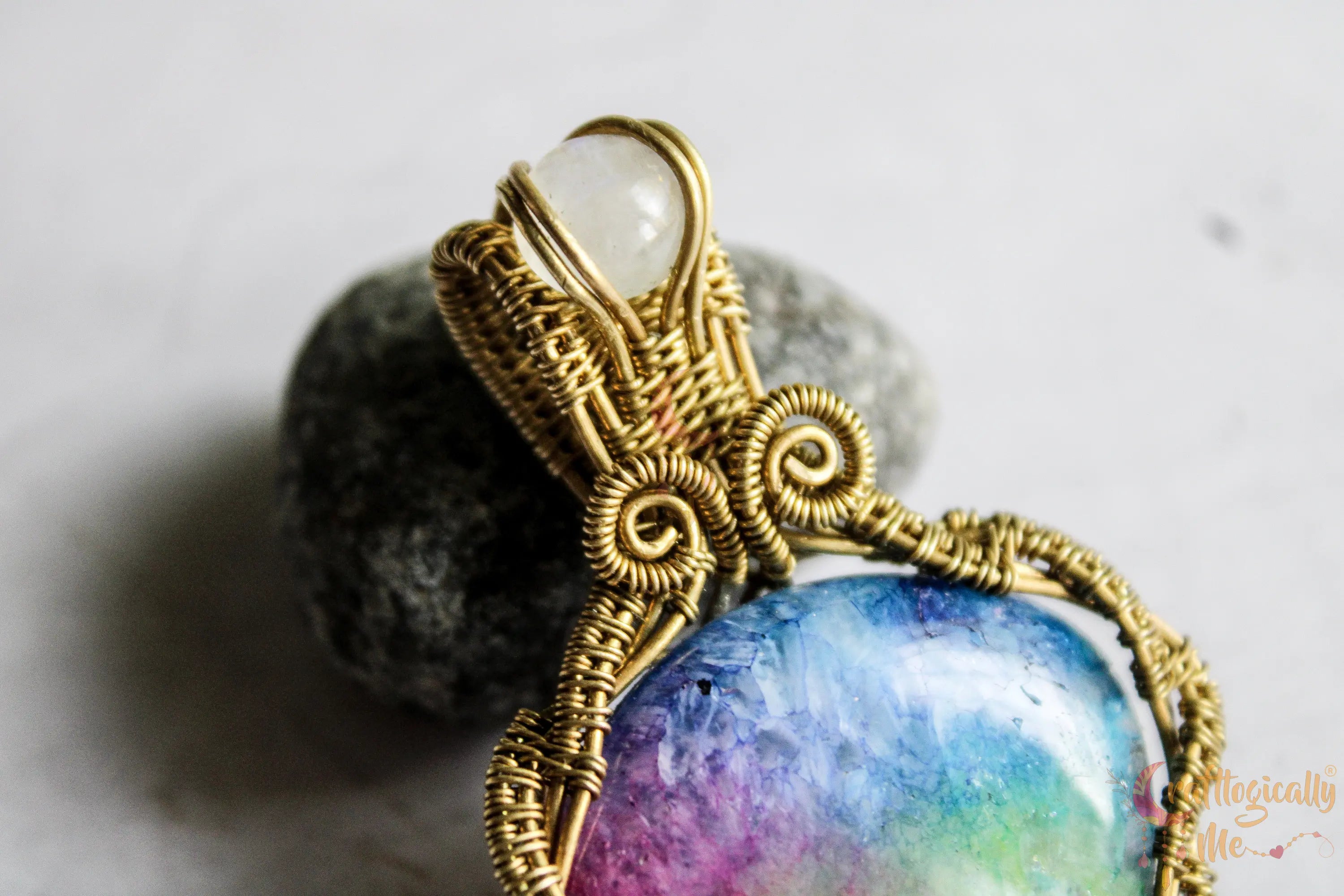 Rainbow Solar Quartz Criss Cross Pendant – Handmade Brass Wire Wrapped Gemstone Jewelry